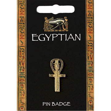 A gold ankh shaped brooch attached to a black backing card with the title 'Egyptian Pin Badge'.