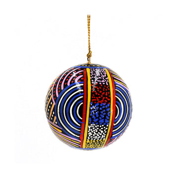A Christmas bauble printed with artwork by Nora Davidson.