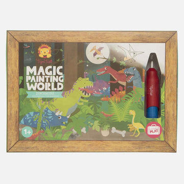Front cover of an activity set titled 'Magic Painting World Dinosaurs' There is an illustration of multiple dinosaurs in a jungle and a red magic marker.