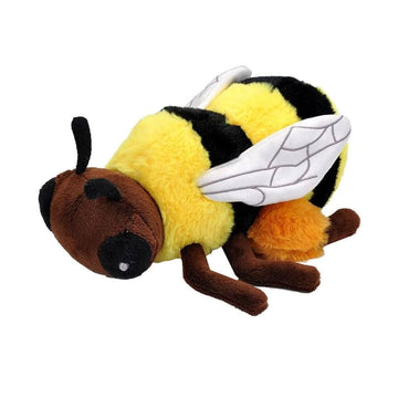 A bee soft toy with a black and yellow striped back with white wings.