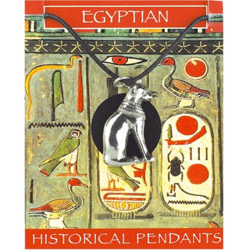 A pewter cat shaped pendant on a black cord attached to an illustrated backing card. The card is illustrated and has the title 'Egyptian Historical Pendants'.