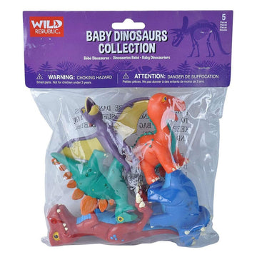 A clear bag filled with five different dinosaur toys. There is a purple cardboard slip at the top of the bag with the heading 'Baby Dinosaurs Collection'.