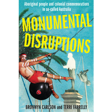 'Monumental Disruptions' book cover featuring an illustration of a man swinging off a wrecking ball knocking over a statue.