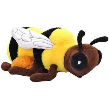 A soft toy in the shape of a bee with a yellow and black striped back with white wings.