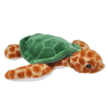 A turtle soft toy with an orange patterned body with a green shell.