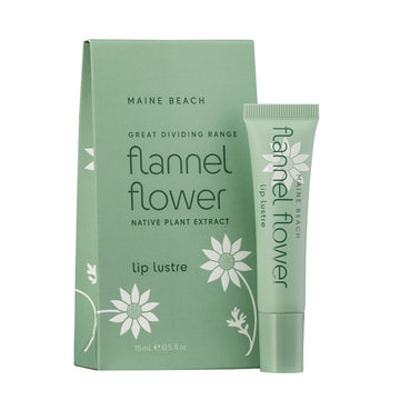 A green tube next to its matching packaging box. Both items are printed with white flowers and the title 'flannel flower'.