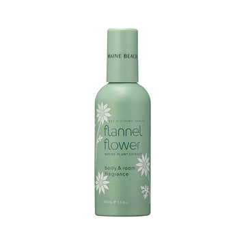 A green spray bottle printed with white flowers and the heading 'flannel flowers'.