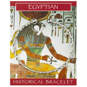 A twisted silver bracelet on a backing card illustrated with Egyptian symbols and the text 'Egyptian Historical Bracelet'.
