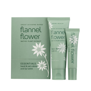 Two green tubes next to a matching box. All items are printed with white flowers and the heading 'flannel flower'.