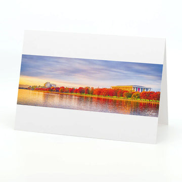 A landscape greeting card with a photo of The National Library and Lake Burley Griffin taken by Scott Leggo.