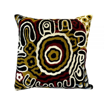 Woven woollen, zippered cushion cover 40cm x 40cm, stitched onto cotton base. Artwork by Anawari Mitchell. Central concentric circles, wavey lines, symbols. Black, maroon, tan ochre, white.