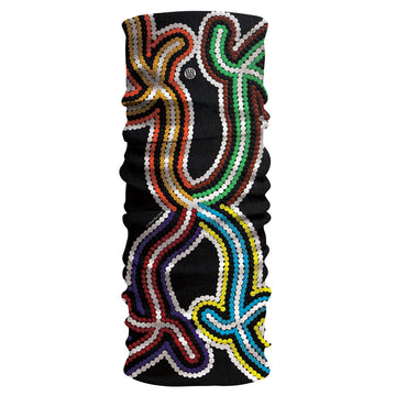 A tubular piece of fabric printed with artwork by Naomi Rose Litster in multi colours on black.