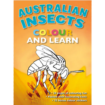 'Australian Insects Colour and Learn' book cover featuring a black and white line drawing of a bee ready to be coloured in on a photo of a yellow flower.