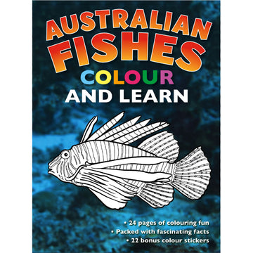 'Australian Fishes Colour and Learn' book cover featuring a black and white line drawing of a fish ready to be coloured in over a photo of the ocean.