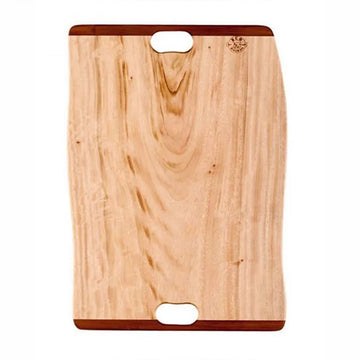 A wide wooden board with distinctive wood grain and a handle cut out on either end.