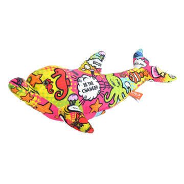 A dolphin soft toy in bright colours printed with images of sea animals including seahorses and jellyfish with speech bubbles.