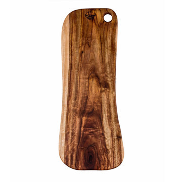 A wooden board with a distinctive wood grain in a long rounded shape with a circle cut out in the top right corner.
