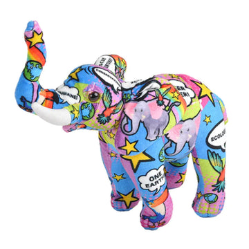 An elephant soft toy in bright colours printed with elephants and speech bubbles.