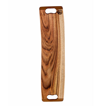 A long wooden board with a slightly rounded shape and distinctive wood grain with a handle cut out on either side.