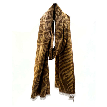 A scarf is wrapped up like its being worn around a neck and is printed with artwork by Cynthia Burke in brown.
