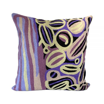 Woven woollen, zippered cushion cover 40cm x 40cm, stitched onto cotton base. Artwork by Anmanari Brown. Left side vertical lines, right side circular symbols. Dark colours , purple, violet, yellow.