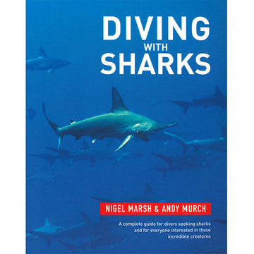 'Diving with Sharks' book cover featuring a photo of multiple sharks swimming in the ocean.