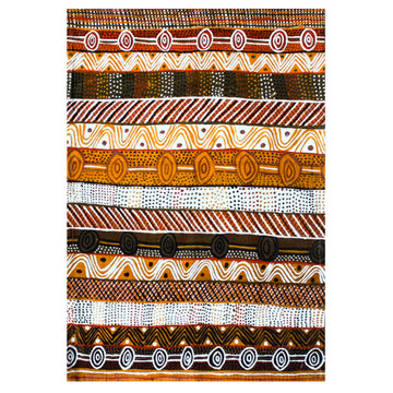 A tea towel laid out featuring artwork by Josette Papajua in the colours of brown, orange and white.