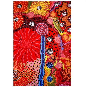 A tea towel is lying flat featuring artwork by Damien and Nyinkalya Marks in red and yellow.