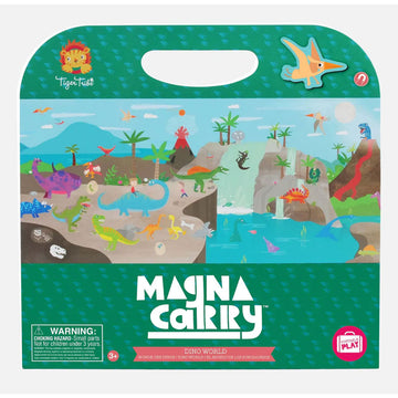 Front cover of an activity set titled 'Magna Carry Dino World' There is an illustration of multiple dinosaurs hanging out on land and in water.