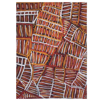 A tea towel laying flat and printed with artwork by Jane Margaret Tipuamuntumirri in brown.