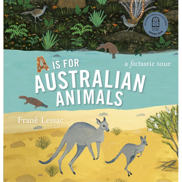 'A is for Australian Animals' book cover featuring illustrations of kangaroos hopping in a field with platypuses in the river behing and birds in the grass next to the river.