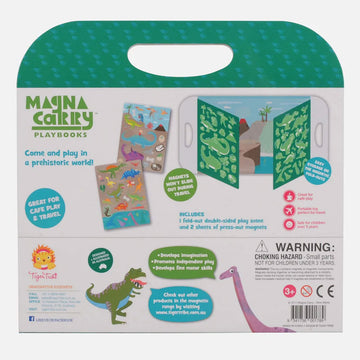 Front cover of an activity set titled 'Magna Carry Dino World' There is an illustration of multiple dinosaurs hanging out on land and in water.