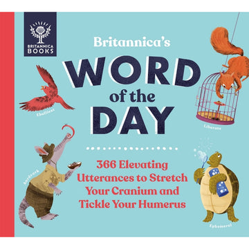 'Britannica's Word of the Day' book cover featuring an illustration of four animals, a bird, squirrel, aardvark and turtle each with a word next to them.