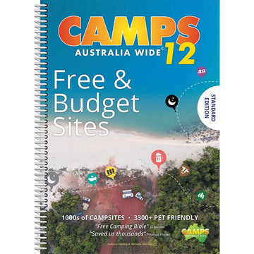 'Camps Australia Wide 12' book cover featuring a birds eye view of a campsite next to a beach with map symbols overlayed on top. The book has a spiral bound.