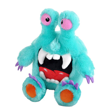 A blue monster soft toy featuring two eyes extended above its head with a big open mouth showing teeth inside. The toy also has arms and legs with purple claws.