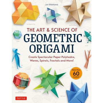 'The Art & Science of Geometric Origami' book cover featuring origami sculptures including a doll, lizard and tree bordering the title.