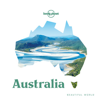 'Lonely Planet Australian Beautiful World' book cover featuring a photo of water and mountains in the shape of the map of Australia.