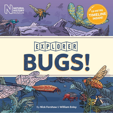 'Bugs!' book cover featuring illustrations of lots of different shaped and coloured bugs on plants and logs.