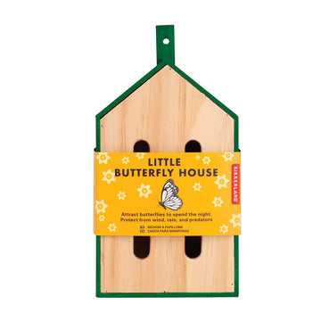 A wooden house with two long splits and a yellow packaging slip around the house with the title 'Little Butterfly House'.