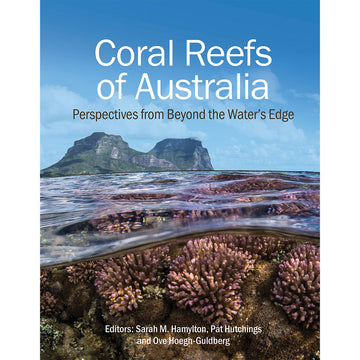 'Coral Reefs of Australia' book cover featuring a close up of reefs underwater with a mountain in the background.