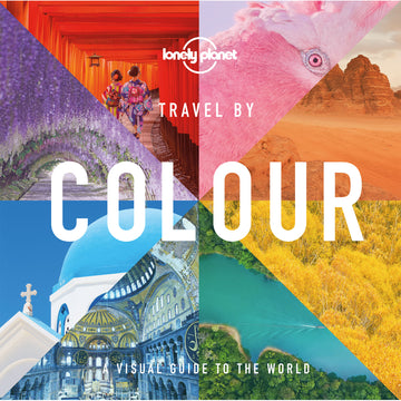 'Travel by Colour' book cover featuring eight triangles each filled with different coloured objects.