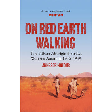 'On Red Earth Walking' book cover featuring a photo of two women walking with a dog in the Australian outback.