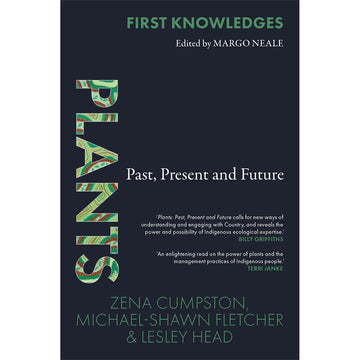 'Plants Past Present and Future' book cover featuring a dark blue background with white text and the title 'PLANTS' written in a patterned green and brown font down the left side.