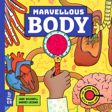 'Marvellous Body' book cover featuring illustrations of organs with a hand holding a magnifying glass.