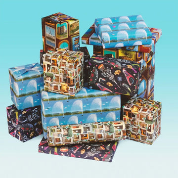 A pile of square and rectangle shaped presents wrapped in different Canberra designs wrapping paper by Trevor Dickinson.