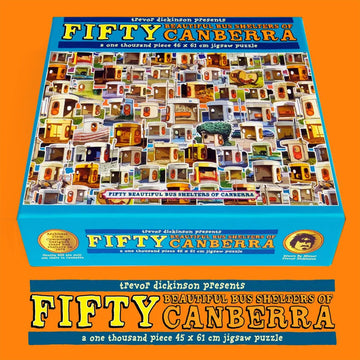 A square puzzle box titled 'Fifty Beautiful Bus Shelters of Canberra' with an image of the puzzle of bus shelters.