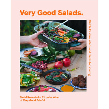 'Very Good Salads' book cover featuring a photo of plates of food on a table and hands holding a large dish over the table.