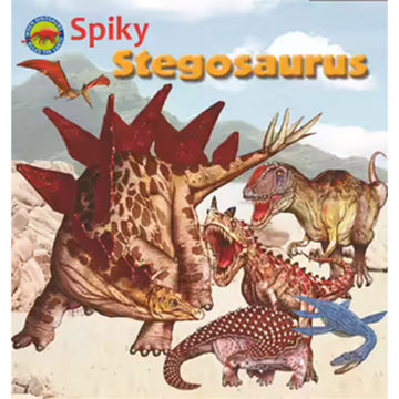 'Spiky Stegosaurus' book cover featuring an illustration of six different dinosaurs against a faded background landscape.