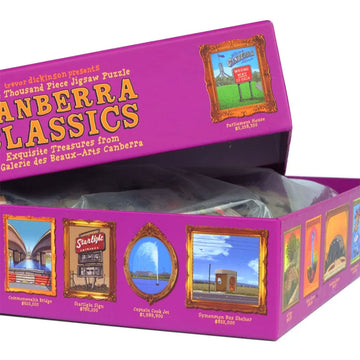 A square puzzle box titled 'Canberra Classics' with an image of the puzzle made up of different Trevor Dickinson artworks inside frames.