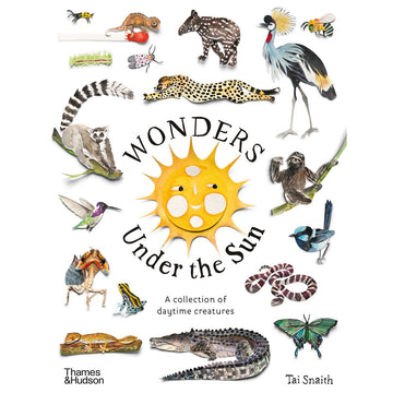 'Wonders under the sun' book cover featuring illustrations of different animals including a cheetah, frog, snake and butterfly around an illustration of the sun.